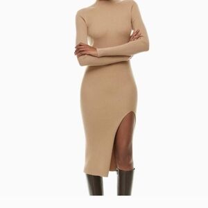 Aritzia Camel Ribbed Turtleneck Midi with High Side Slit